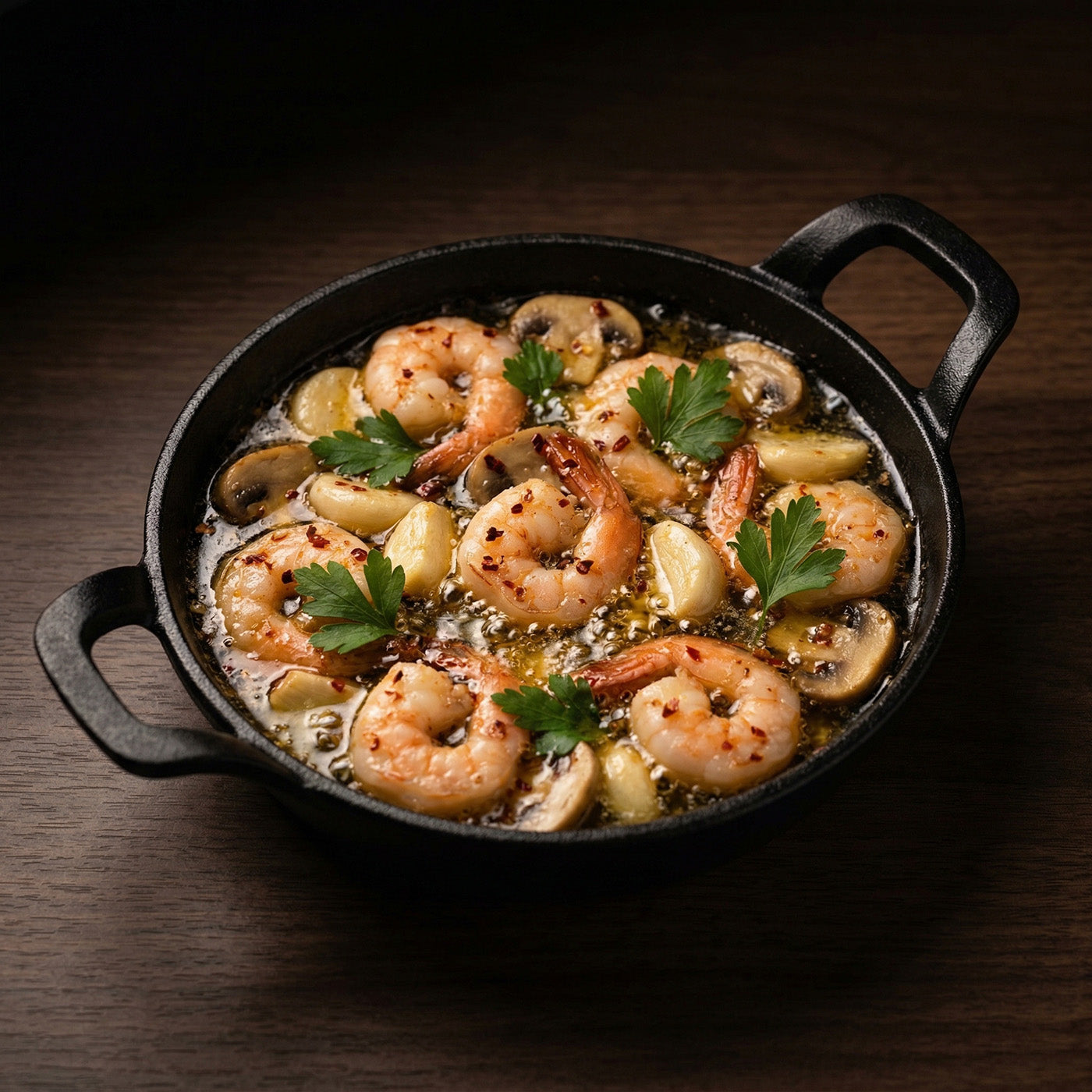 稲花 Pegasus2001 Red Label ペアリング 鉄鍋で仕上げたエビとマッシュルームのアヒージョ