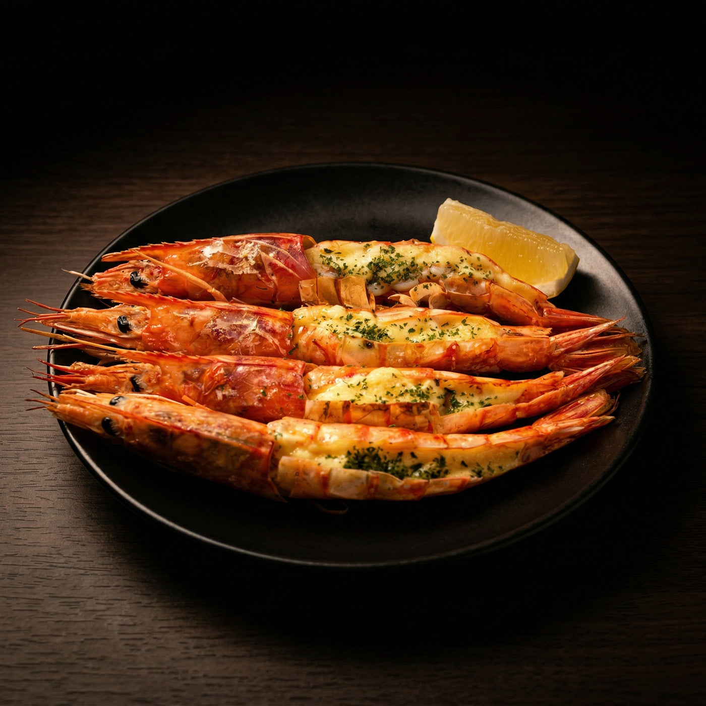 稲花 Pegasus2017 Blue Labelに合うエビのガーリックバター焼き 有頭エビの背開き