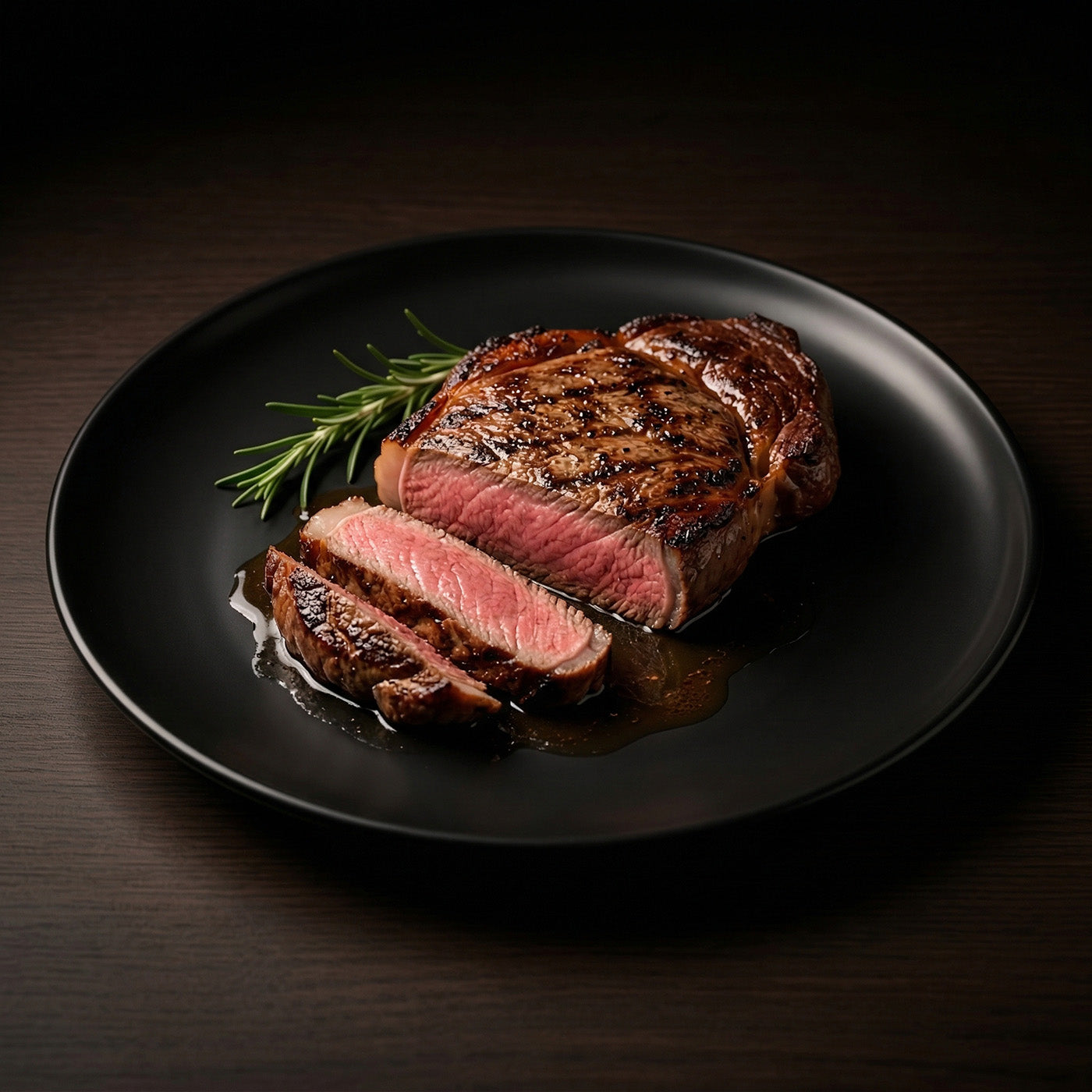 稲花 Pegasus2001 Red Label ペアリング 黒い皿に盛られたミディアムレアの牛ステーキ